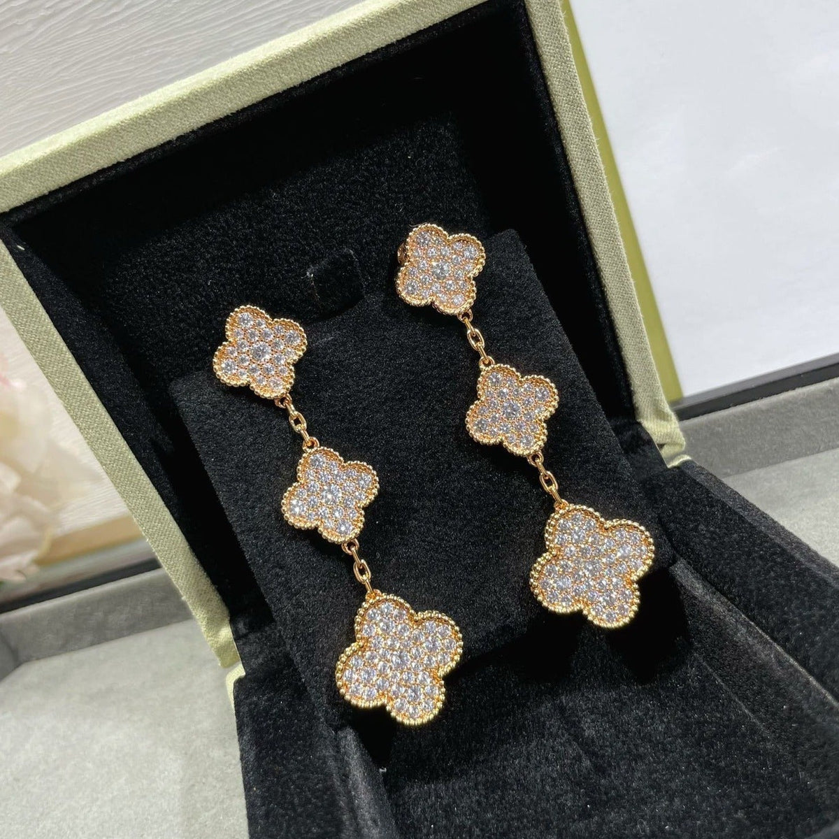 Van Cleef & Arpels CLOVER 3 MOTIFS DIAMOND PAVED PINK GOLD EARRINGS