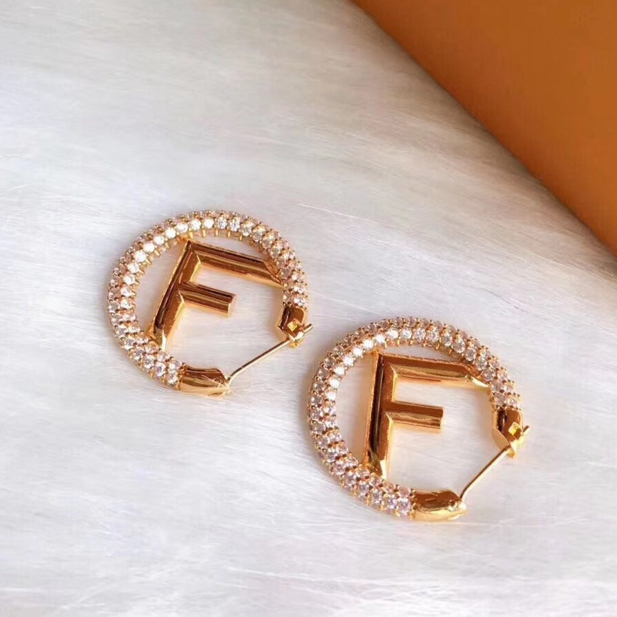 FENDI F LOGO GOLD DIAMOND EARRINGS